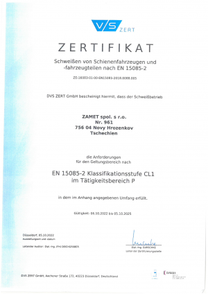 Certifikát DIN EN 15085-2 CL1 