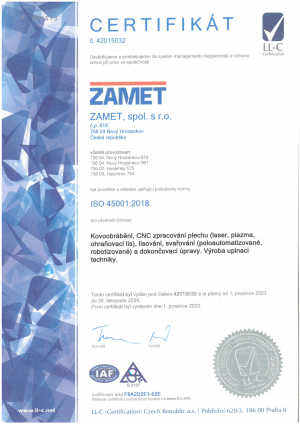 Certifikát ISO 45001-2018