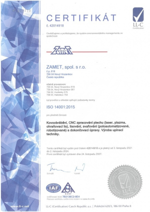 Certifikát ISO 14001:2015 