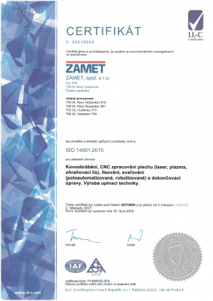 ISO 14001:2015 certificate 