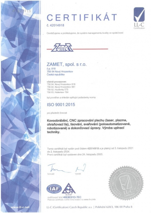 Certifikát ISO 9001:2015 